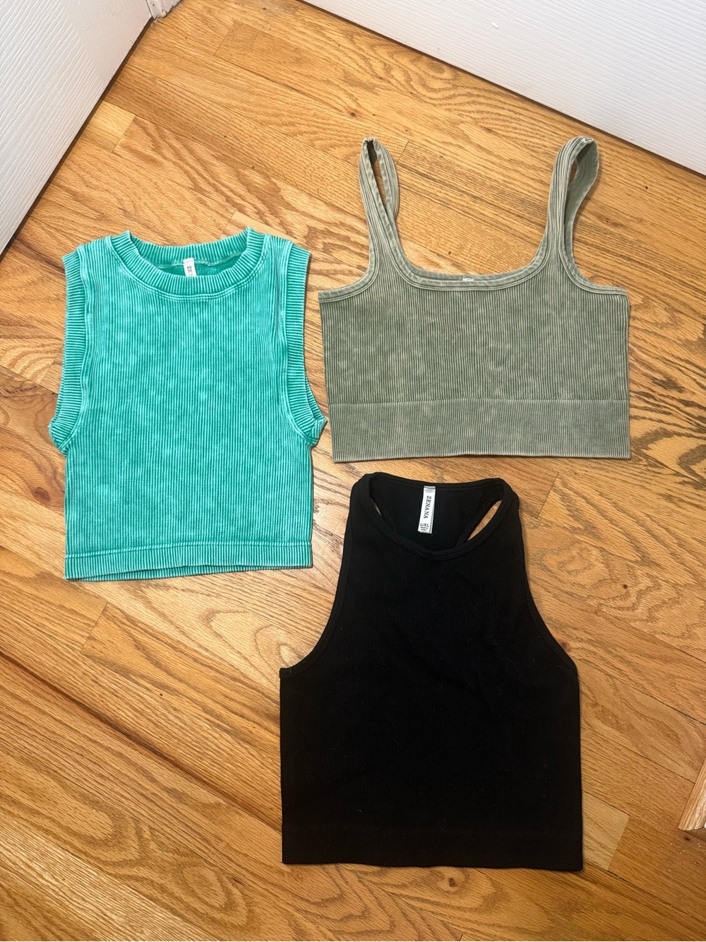 Zenana Outfitters Three-Pack Ribbed Crop Tops — Teal, Olive & Black